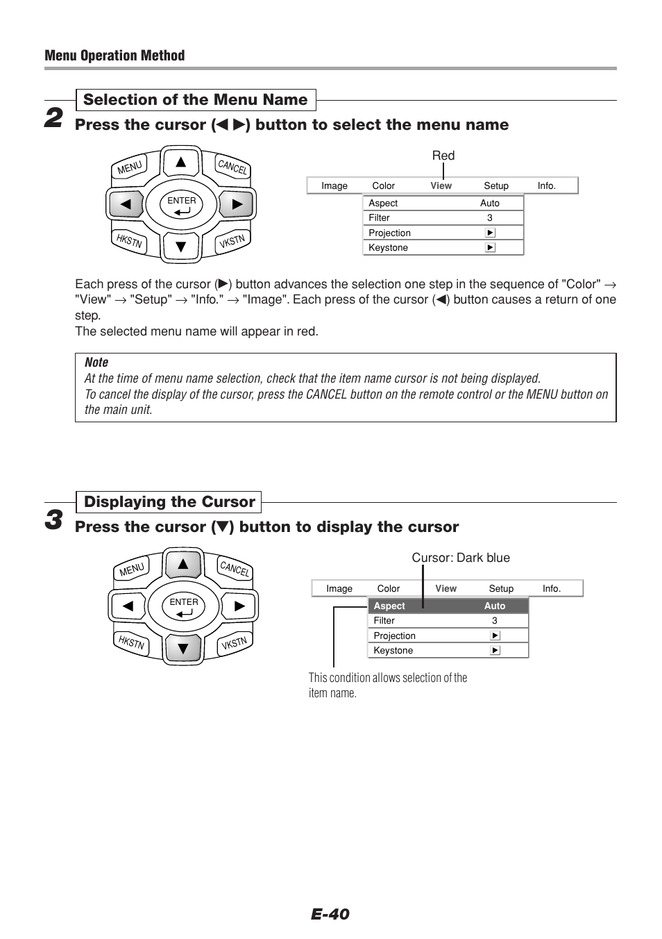 E-40, Press the cursor, Menu operation method | PLUS Vision V-1100Z User Manual | Page 40 / 72