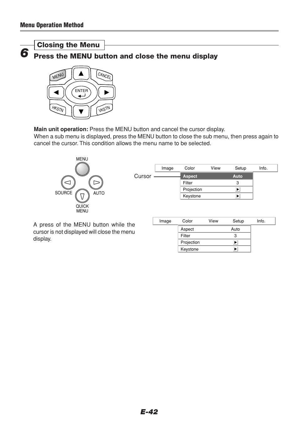 E-42, Menu operation method | PLUS Vision V-1100Z User Manual | Page 42 / 72