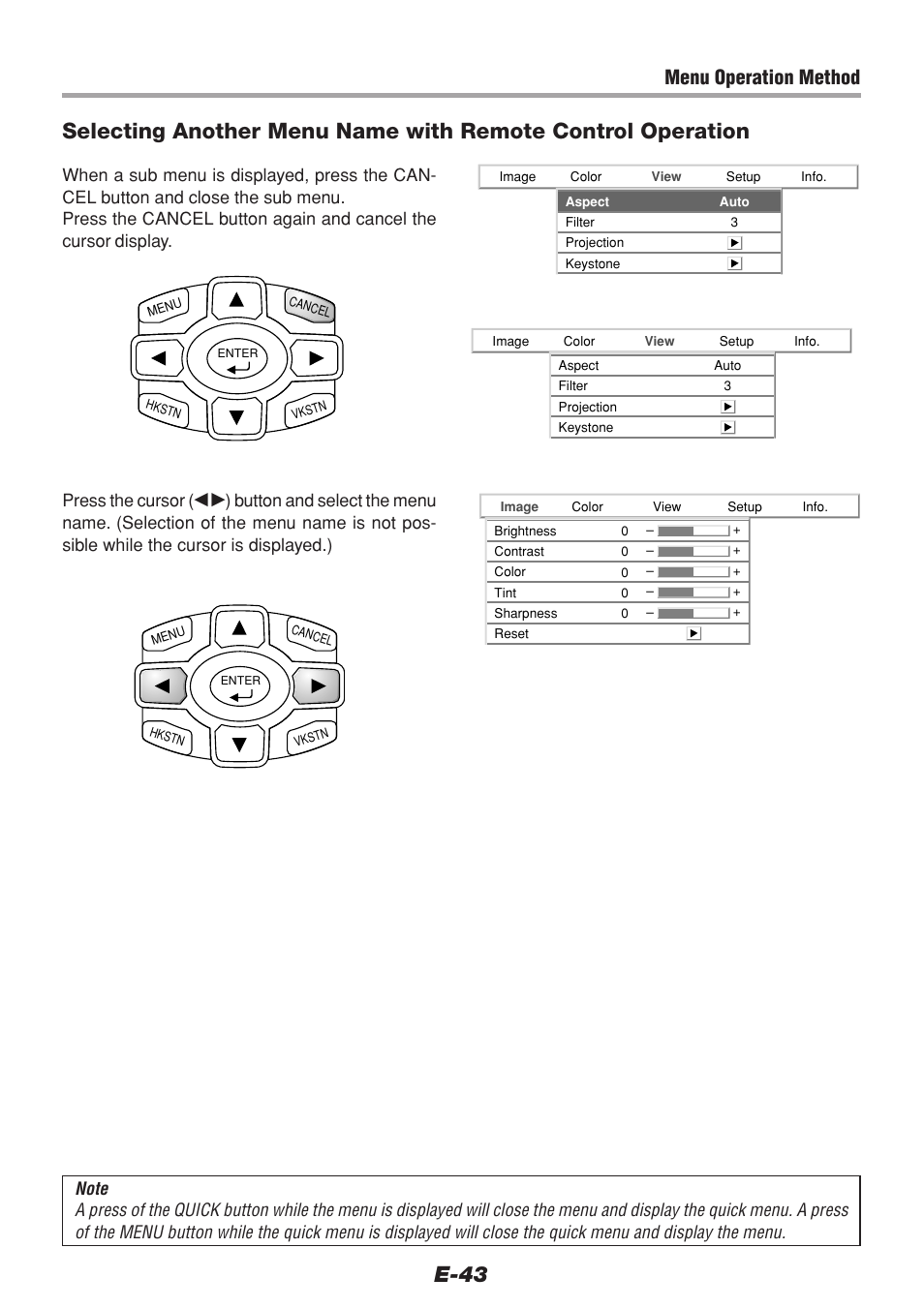 Menu operation method, Press the cursor | PLUS Vision V-1100Z User Manual | Page 43 / 72