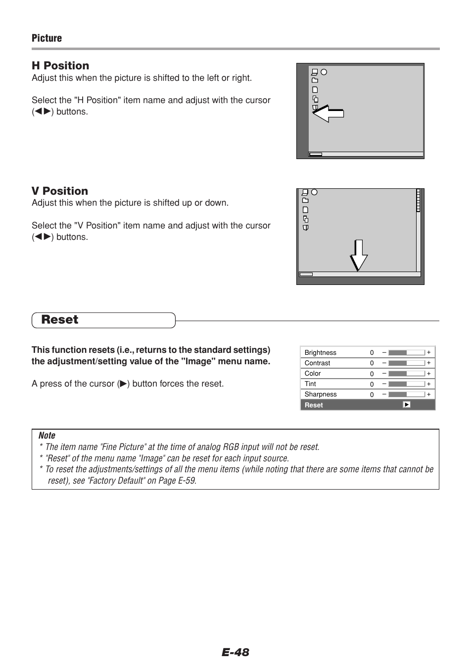 Reset, E-48 h position, V position | Picture | PLUS Vision V-1100Z User Manual | Page 48 / 72