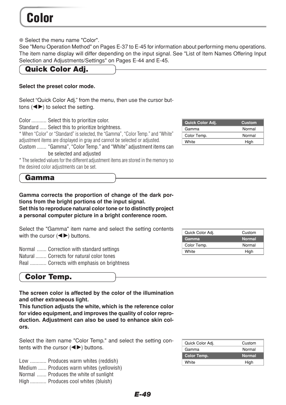 Color, Quick color adj, Gamma | Color temp, E-49 | PLUS Vision V-1100Z User Manual | Page 49 / 72