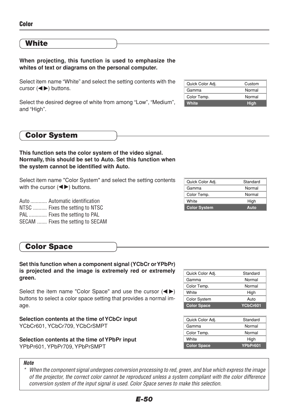 White, Color system, Color space | E-50, Color | PLUS Vision V-1100Z User Manual | Page 50 / 72