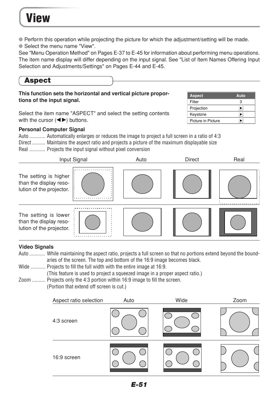 View, Aspect, E-51 | PLUS Vision V-1100Z User Manual | Page 51 / 72