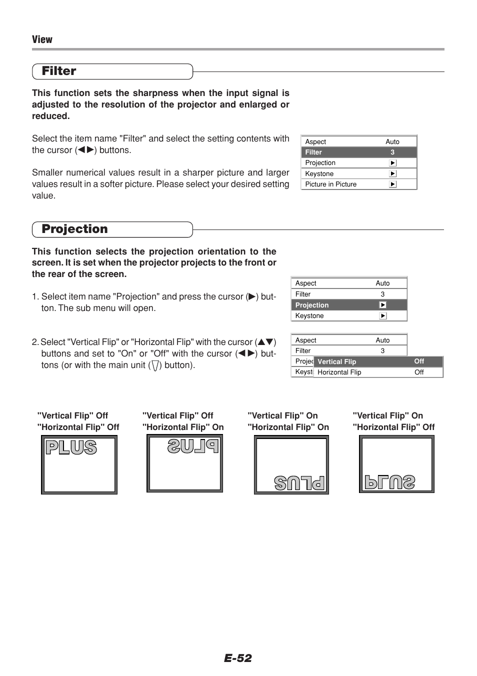 Filter, Projection, E-52 | View | PLUS Vision V-1100Z User Manual | Page 52 / 72