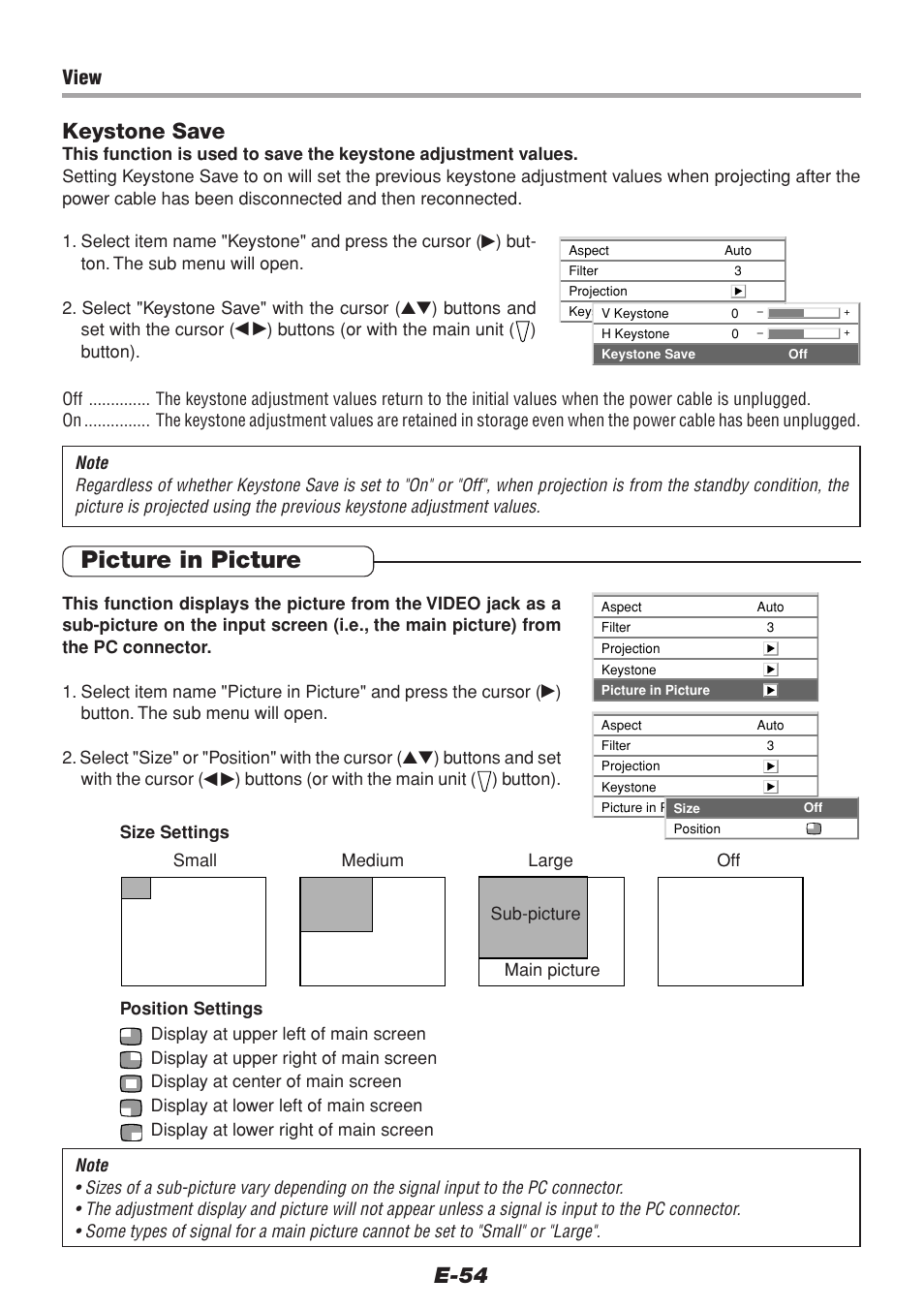 Picture in picture, E-54, Keystone save | View | PLUS Vision V-1100Z User Manual | Page 54 / 72
