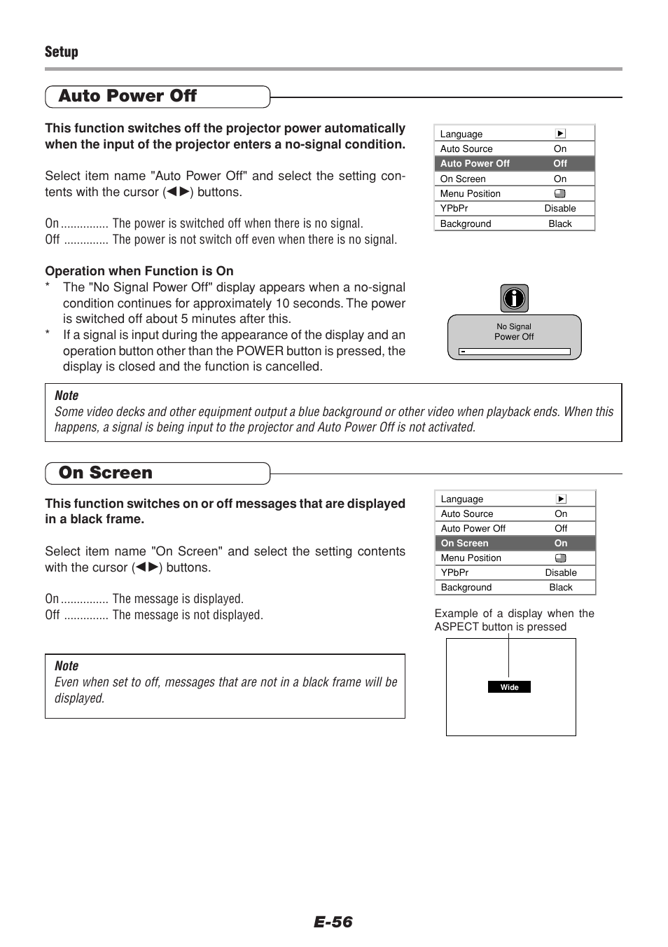 Auto power off, On screen, E-56 | Setup | PLUS Vision V-1100Z User Manual | Page 56 / 72