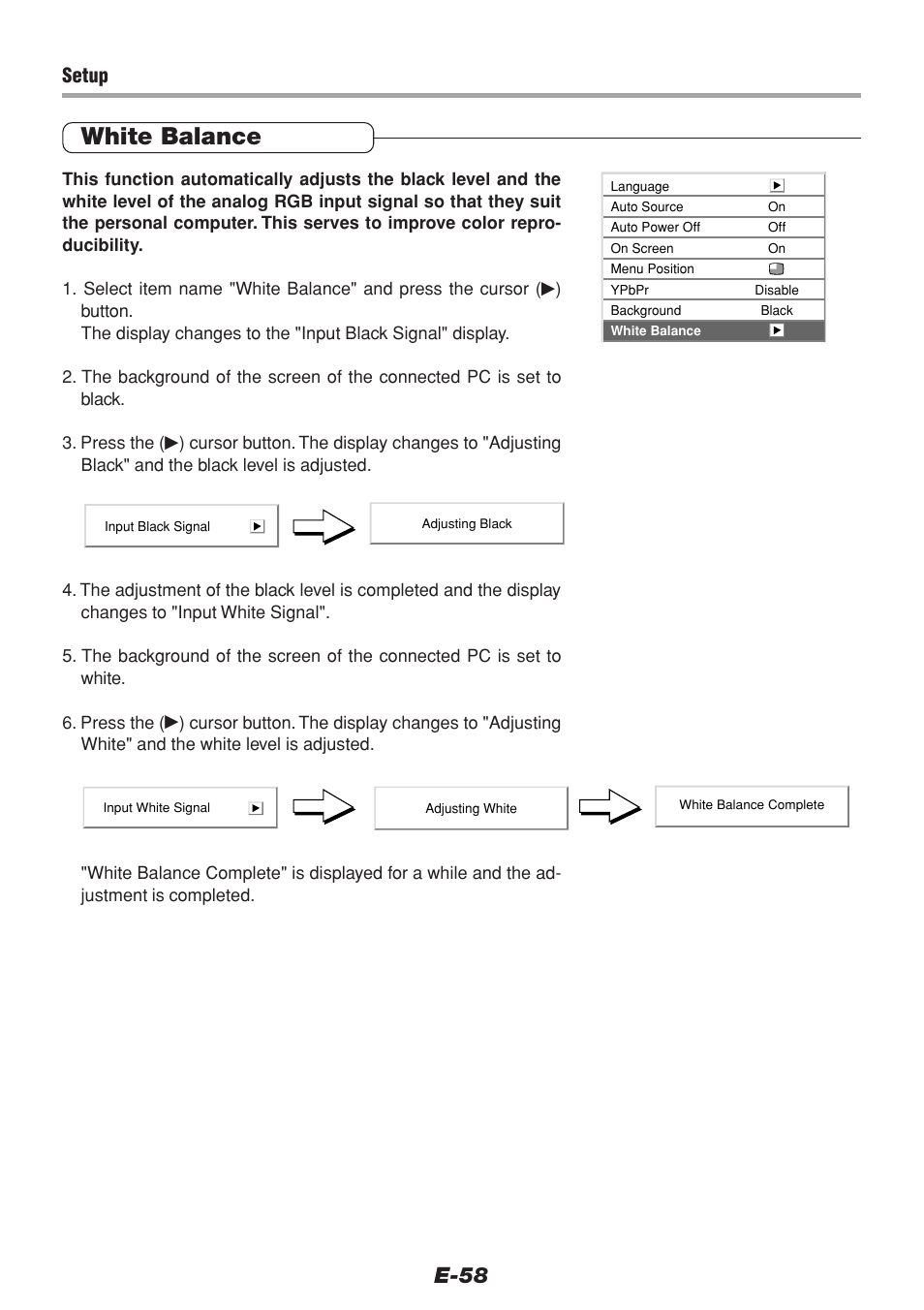 White balance, E-58, Setup | PLUS Vision V-1100Z User Manual | Page 58 / 72