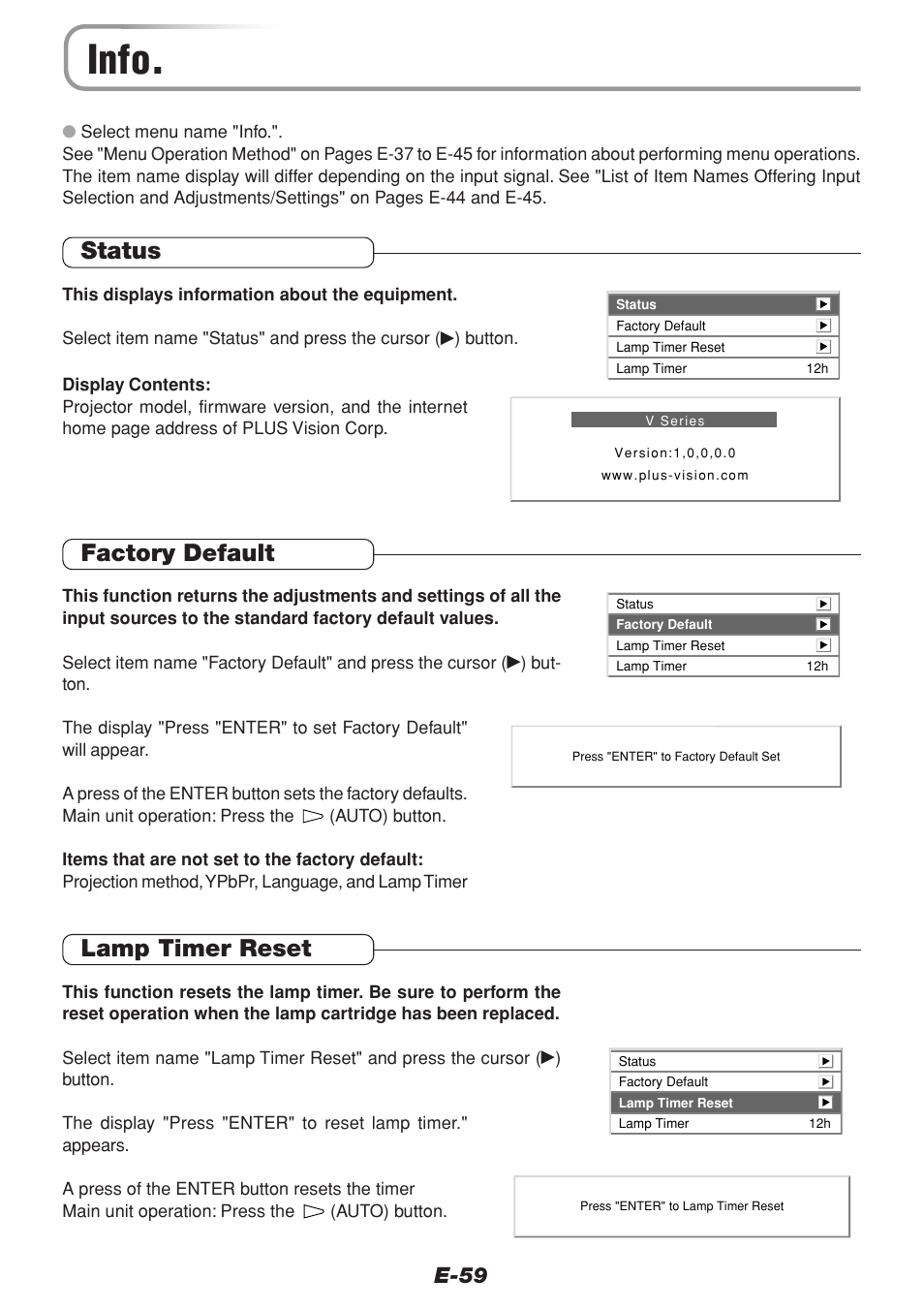 Info, Status, Factory default | Lamp timer reset, E-59 | PLUS Vision V-1100Z User Manual | Page 59 / 72