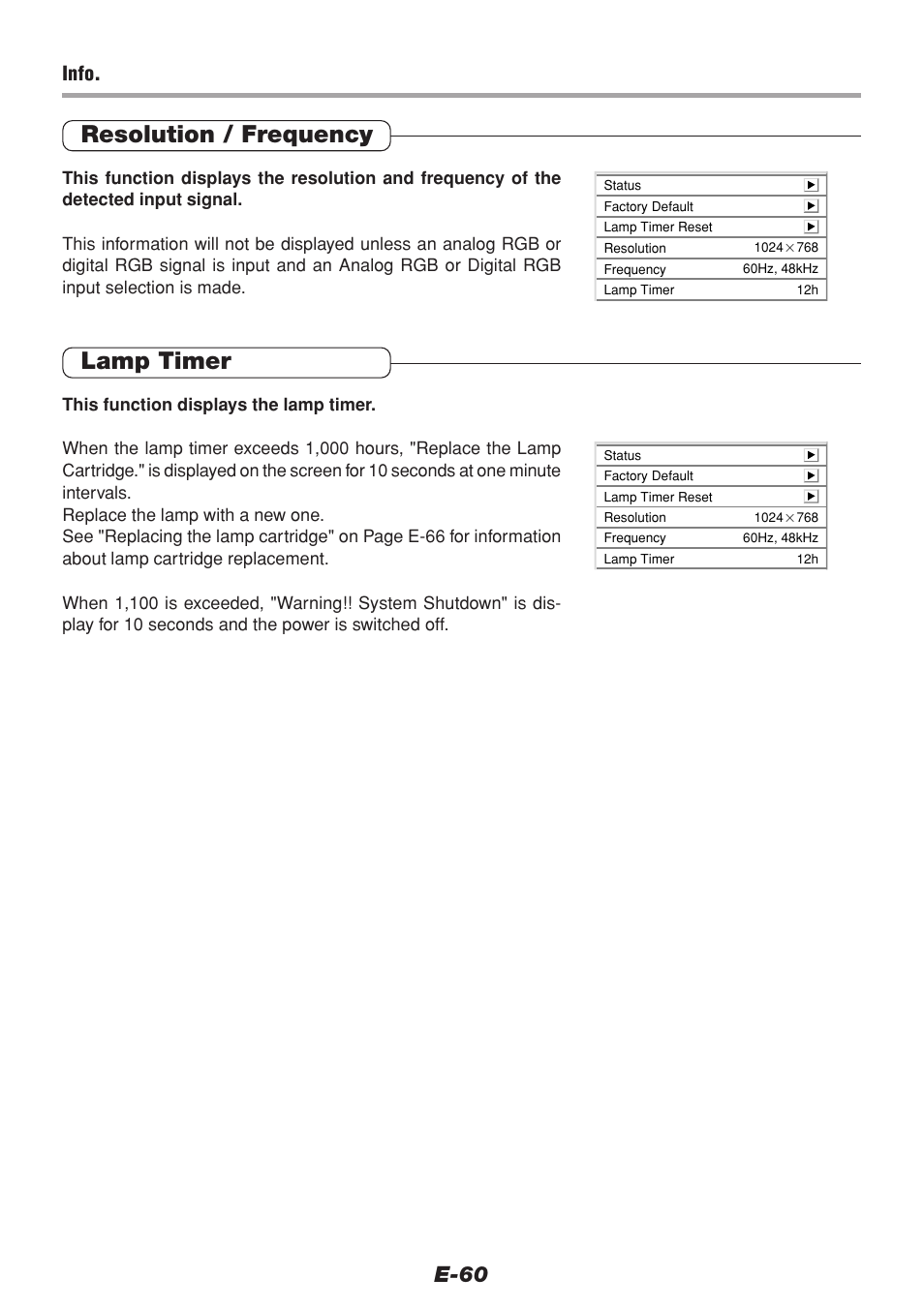 Resolution / frequency, Lamp timer, E-60 | Info | PLUS Vision V-1100Z User Manual | Page 60 / 72