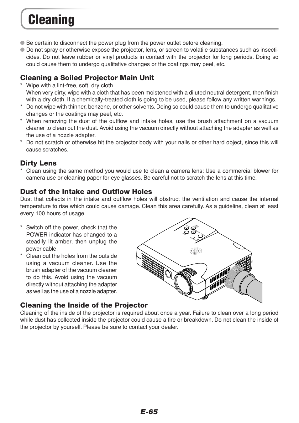 Cleaning, E-65, Cleaning a soiled projector main unit | Dirty lens, Dust of the intake and outflow holes, Cleaning the inside of the projector | PLUS Vision V-1100Z User Manual | Page 65 / 72