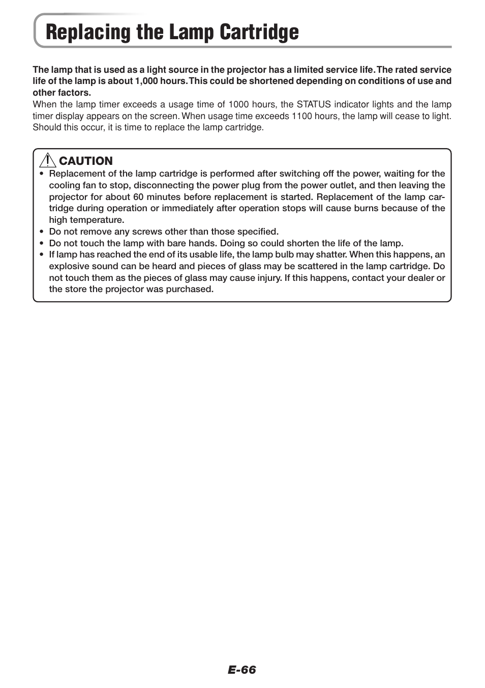 Replacing the lamp cartridge | PLUS Vision V-1100Z User Manual | Page 66 / 72
