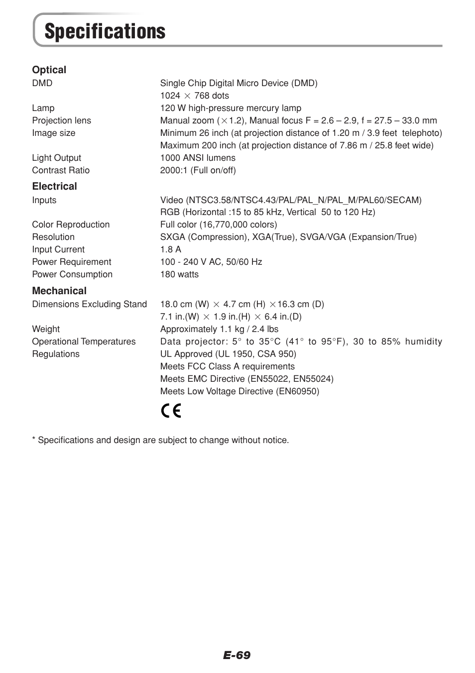 Specifications | PLUS Vision V-1100Z User Manual | Page 69 / 72