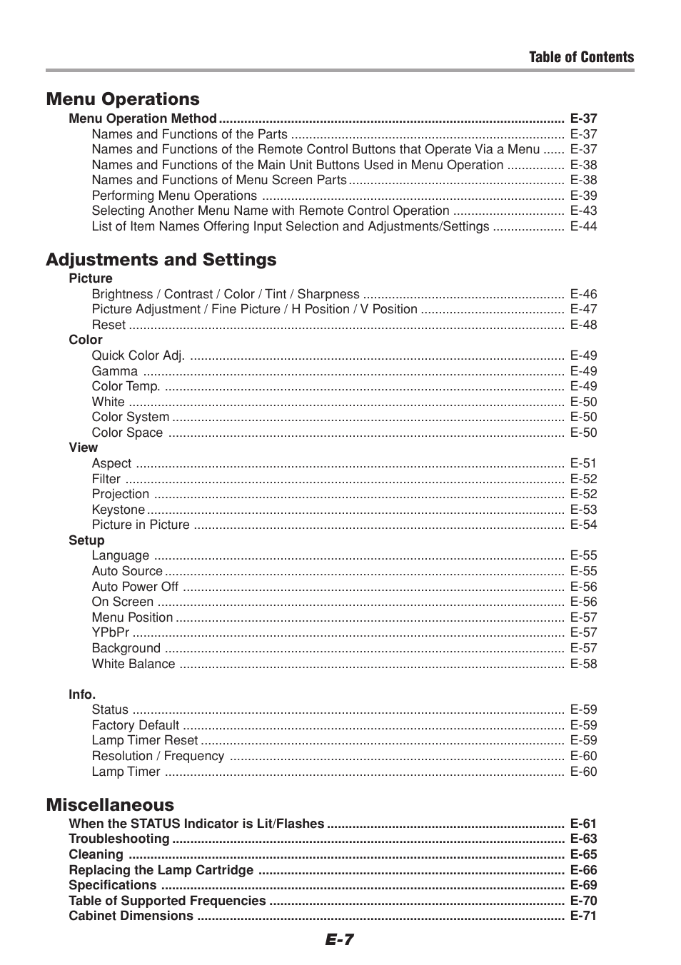 Menu operations, Adjustments and settings, Miscellaneous | PLUS Vision V-1100Z User Manual | Page 7 / 72