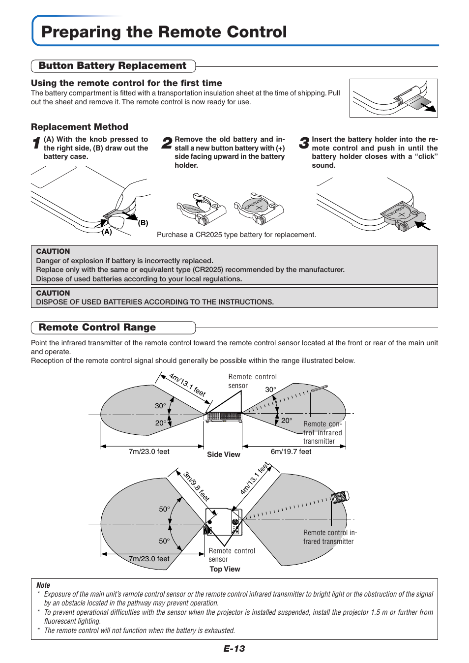 Preparing the remote control, Button battery replacement, Remote control range | PLUS Vision KG-PS125X User Manual | Page 14 / 67