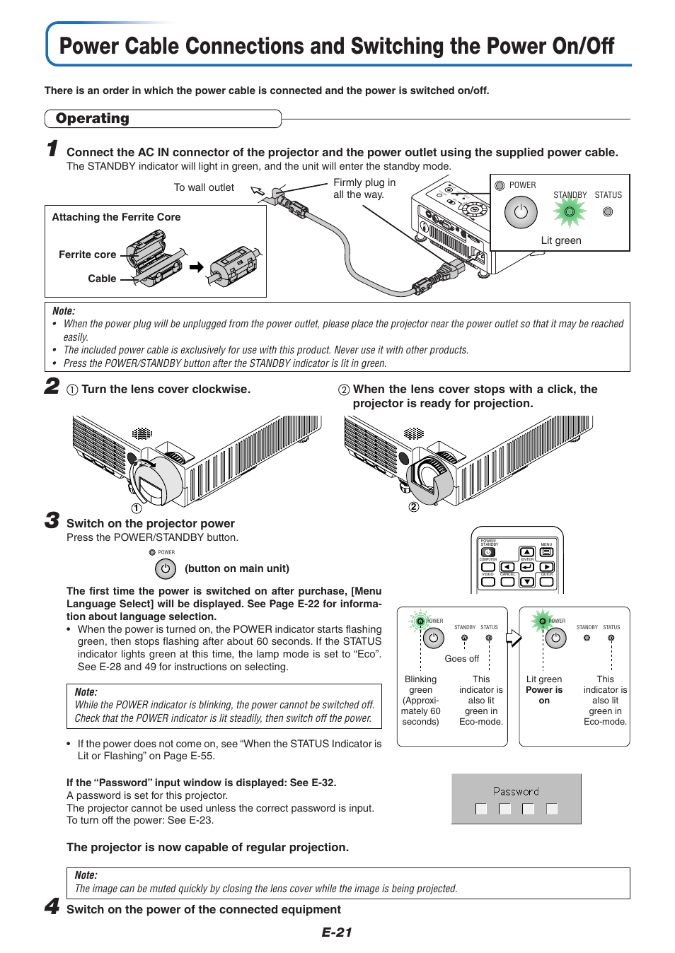 Operating, E-21, Switch on the projector power | The projector is now capable of regular projection, ቢ turn the lens cover clockwise, Switch on the power of the connected equipment | PLUS Vision KG-PS125X User Manual | Page 22 / 67