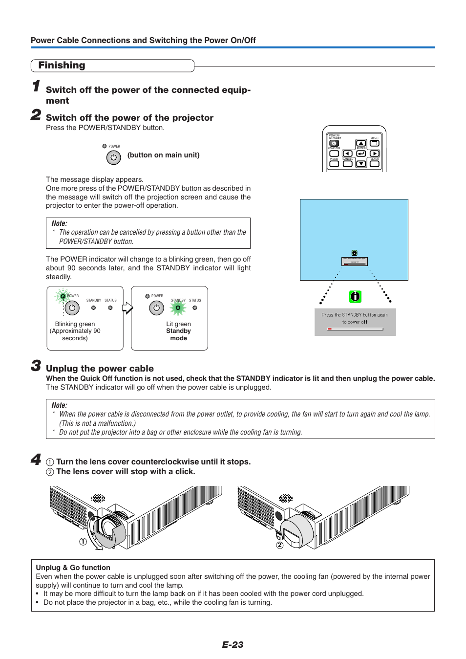 Finishing, E-23, Switch off the power of the connected equip- ment | Switch off the power of the projector, Unplug the power cable | PLUS Vision KG-PS125X User Manual | Page 24 / 67