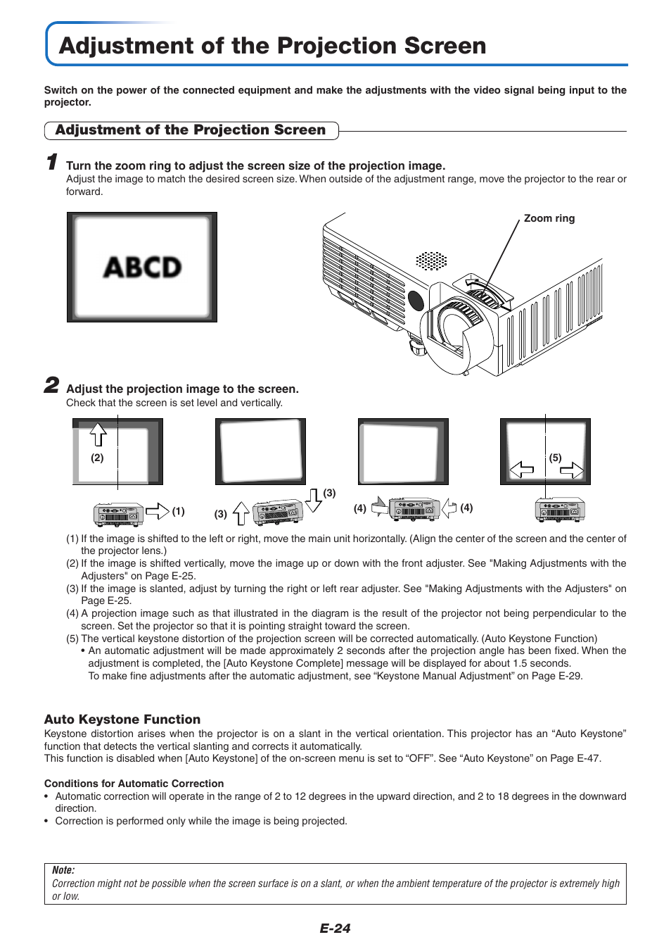 Adjustment of the projection screen, E-24, Auto keystone function | Adjust the projection image to the screen | PLUS Vision KG-PS125X User Manual | Page 25 / 67