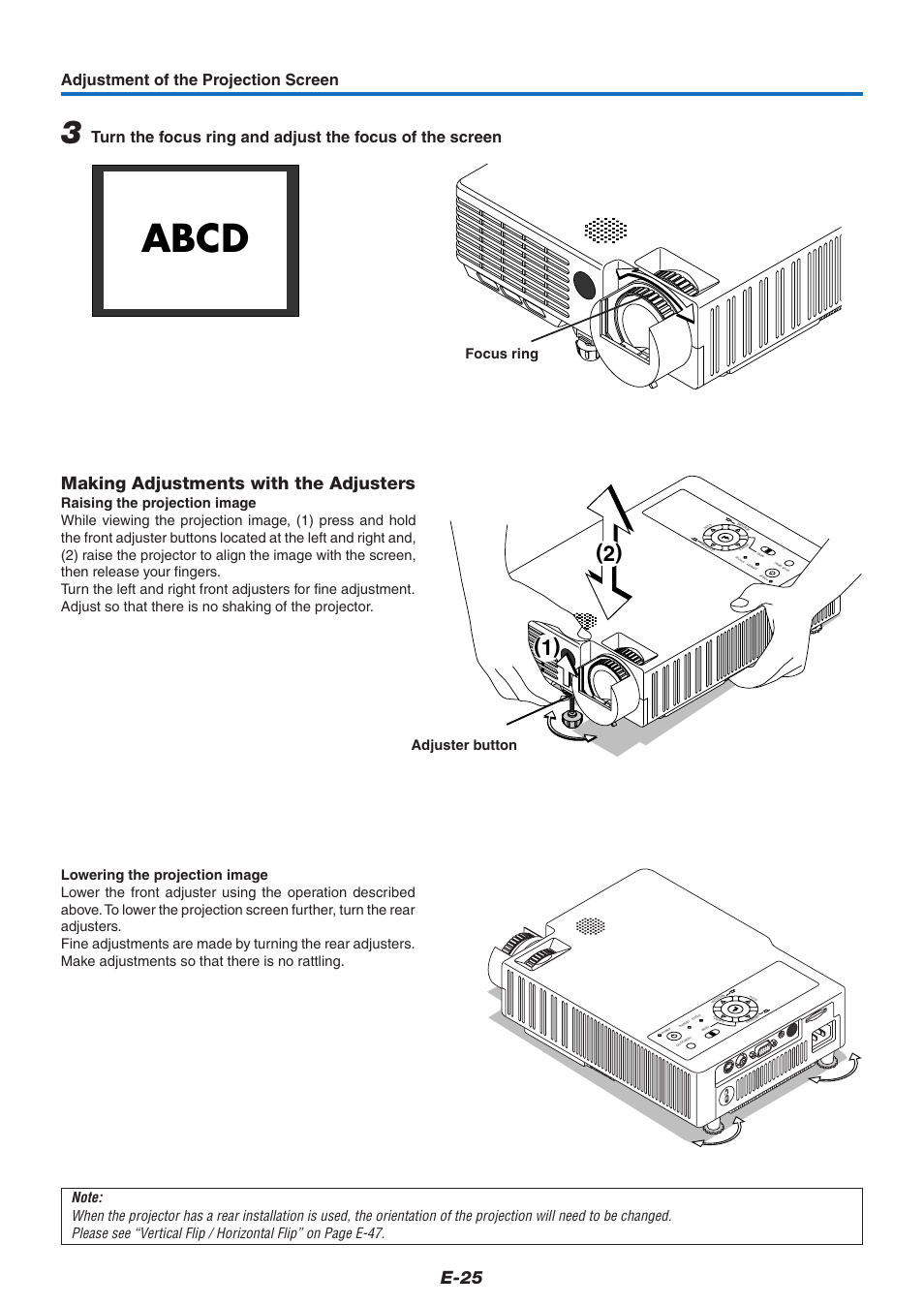 Abcd, E-25, Making adjustments with the adjusters | Adjustment of the projection screen, Adjuster button, Focus ring | PLUS Vision KG-PS125X User Manual | Page 26 / 67
