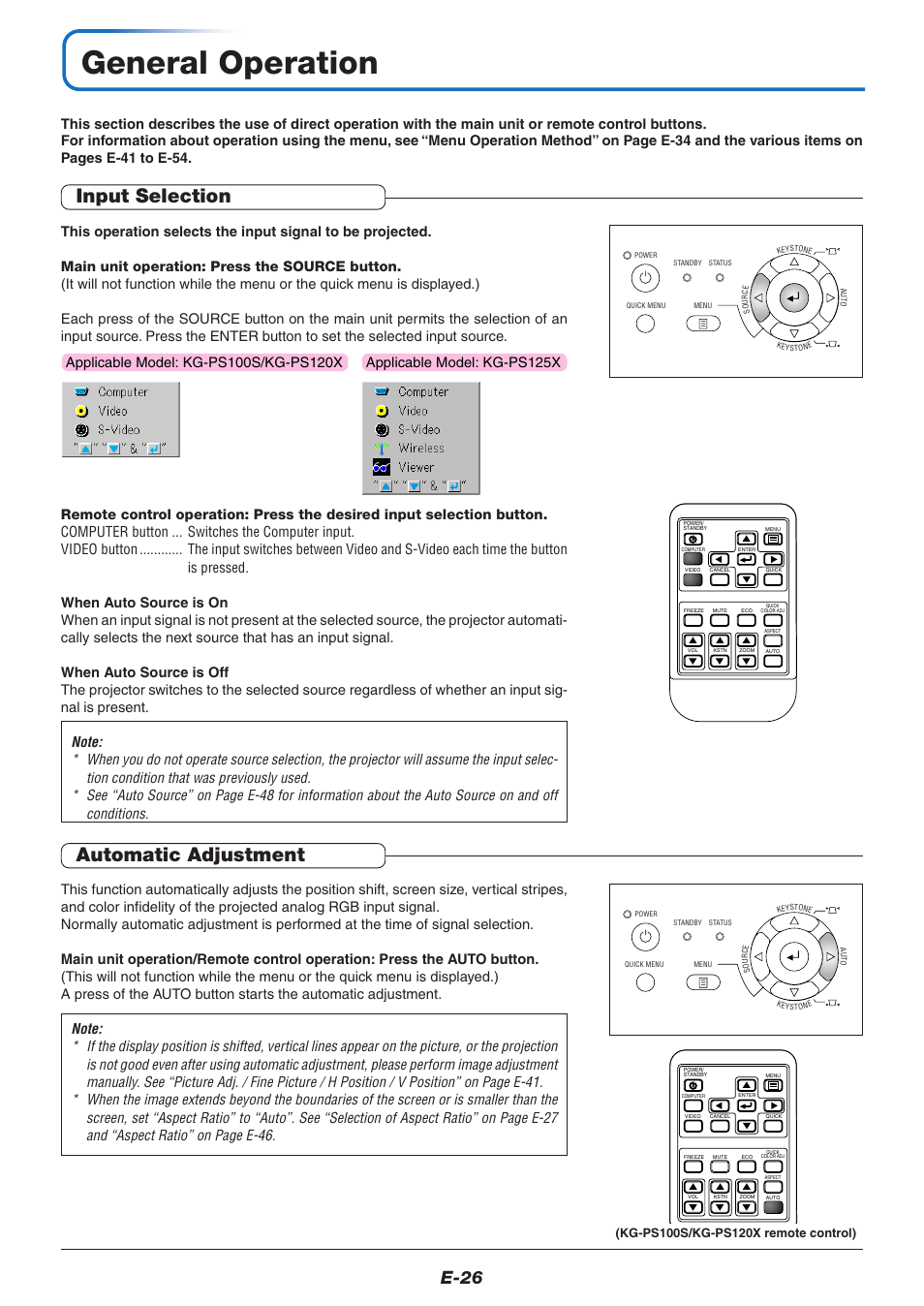 General operation, Input selection, Automatic adjustment | E-26, Applicable model: kg-ps125x | PLUS Vision KG-PS125X User Manual | Page 27 / 67