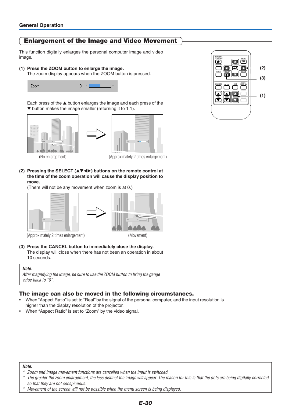 Enlargement of the image and video movement, E-30, General operation | PLUS Vision KG-PS125X User Manual | Page 31 / 67