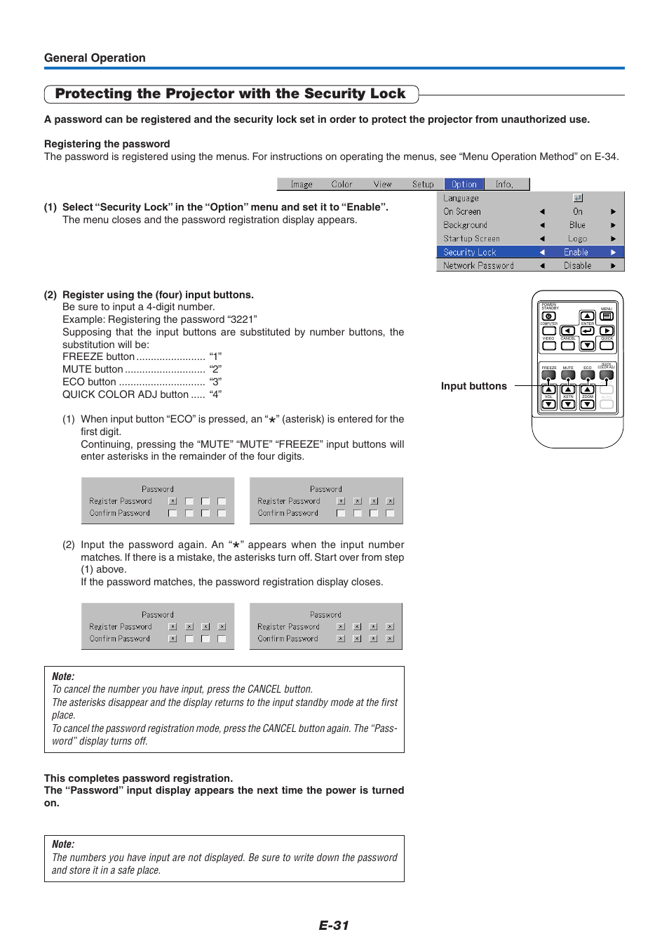 Protecting the projector with the security lock, E-31, General operation | PLUS Vision KG-PS125X User Manual | Page 32 / 67