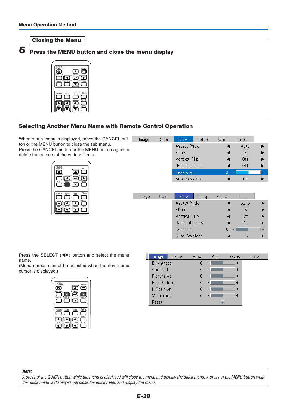 E-38, Menu operation method | PLUS Vision KG-PS125X User Manual | Page 39 / 67