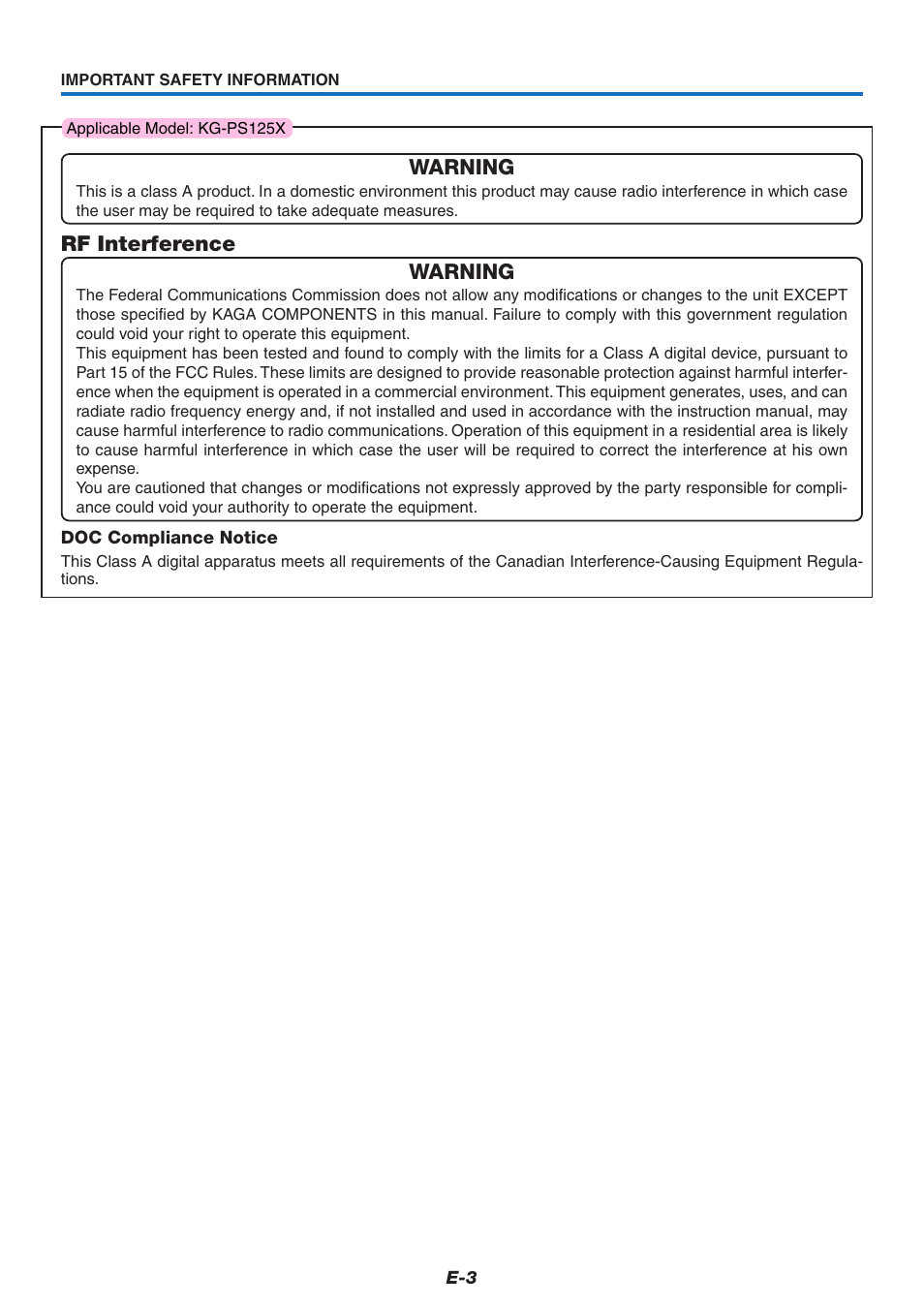Warning, Rf interference warning | PLUS Vision KG-PS125X User Manual | Page 4 / 67