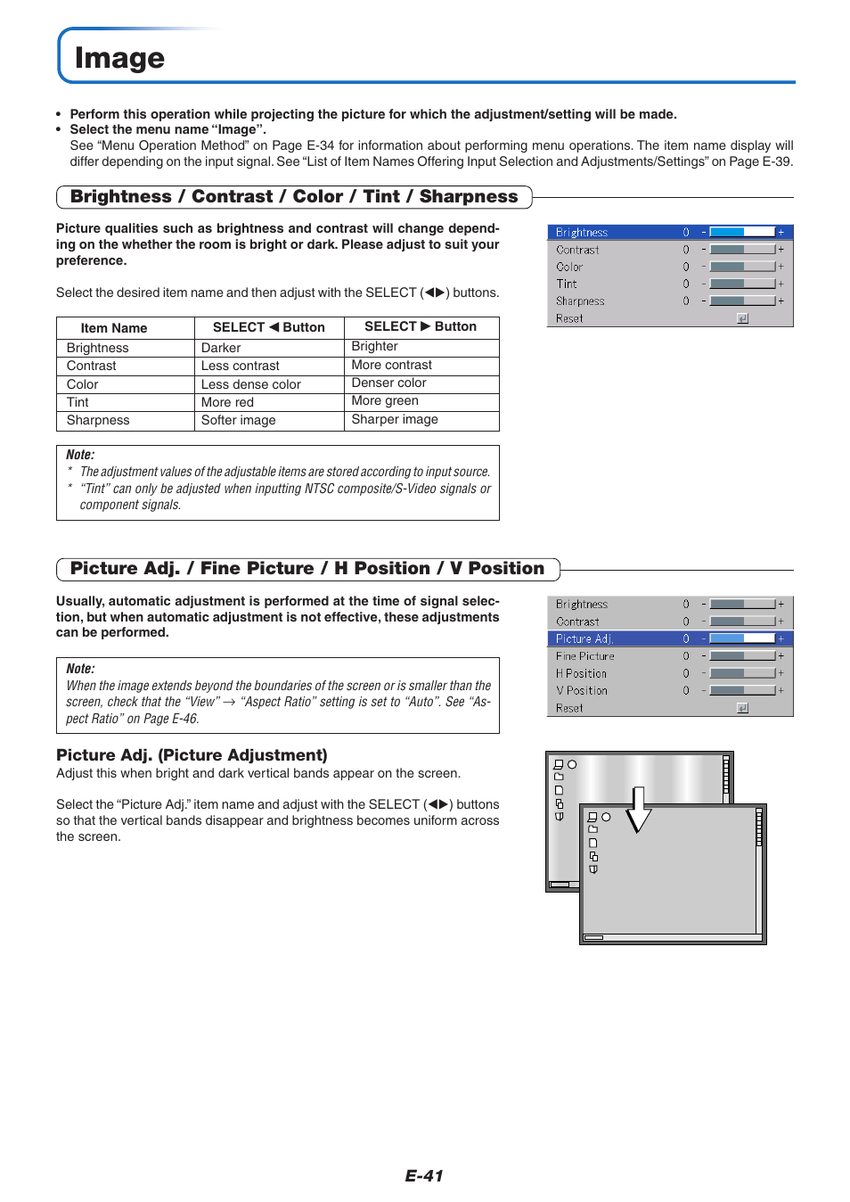 Image, Brightness / contrast / color / tint / sharpness | PLUS Vision KG-PS125X User Manual | Page 42 / 67