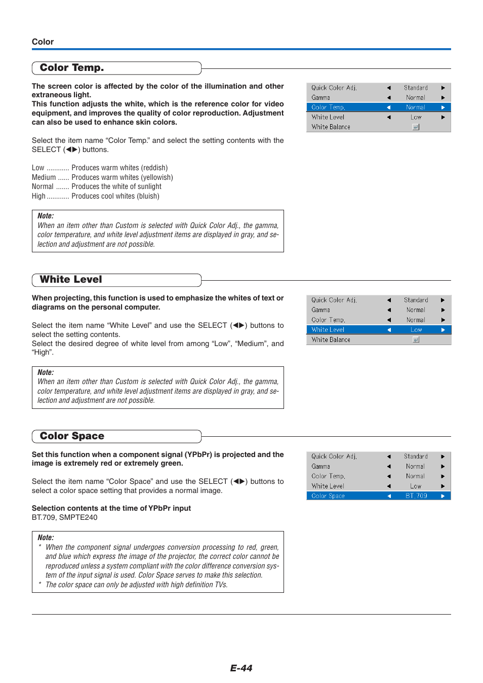 Color temp, White level, Color space | PLUS Vision KG-PS125X User Manual | Page 45 / 67