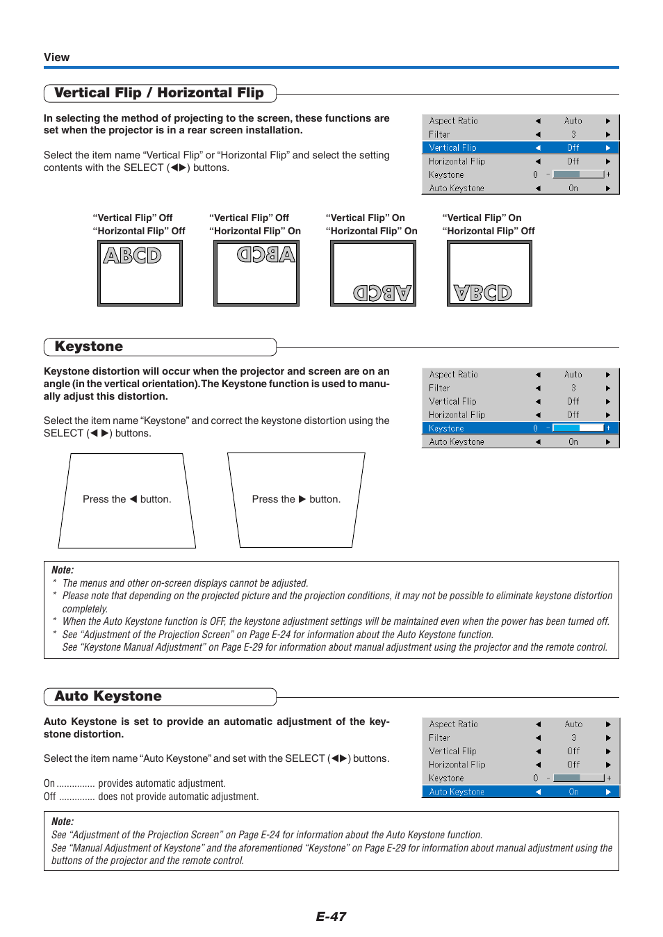 Vertical flip / horizontal flip, Keystone, Auto keystone | PLUS Vision KG-PS125X User Manual | Page 48 / 67