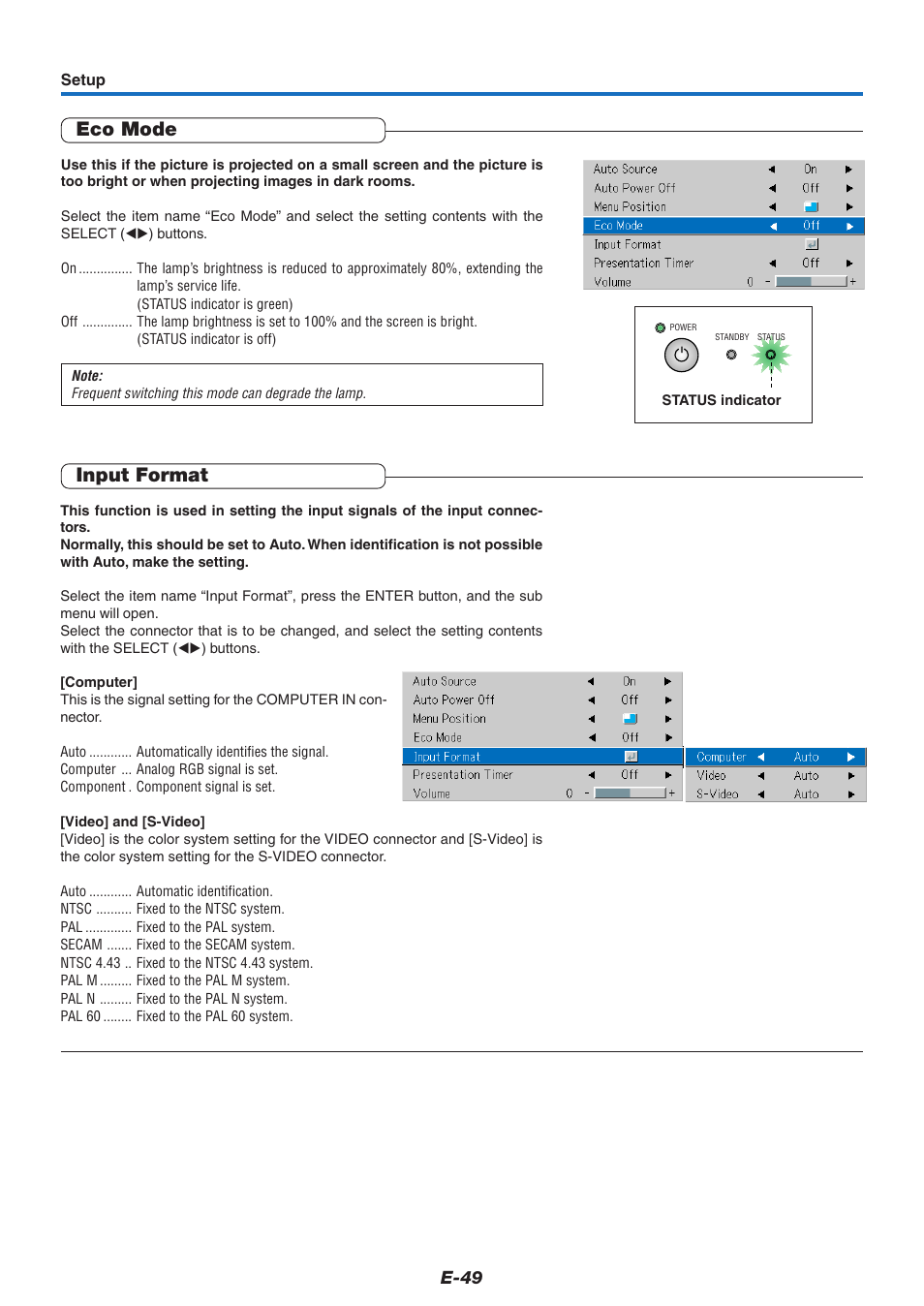 Eco mode, Input format, E-49 | PLUS Vision KG-PS125X User Manual | Page 50 / 67