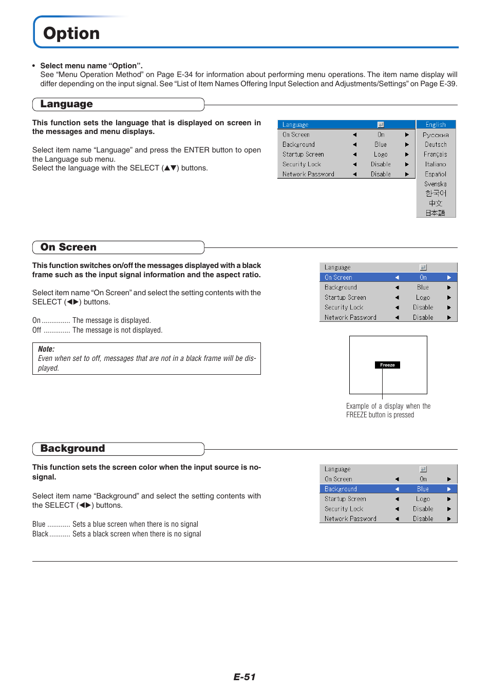 Option, Language, On screen | Background | PLUS Vision KG-PS125X User Manual | Page 52 / 67