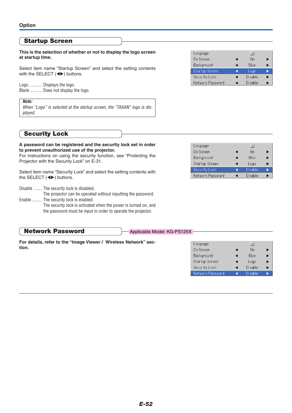 Startup screen, Security lock, Network password | PLUS Vision KG-PS125X User Manual | Page 53 / 67