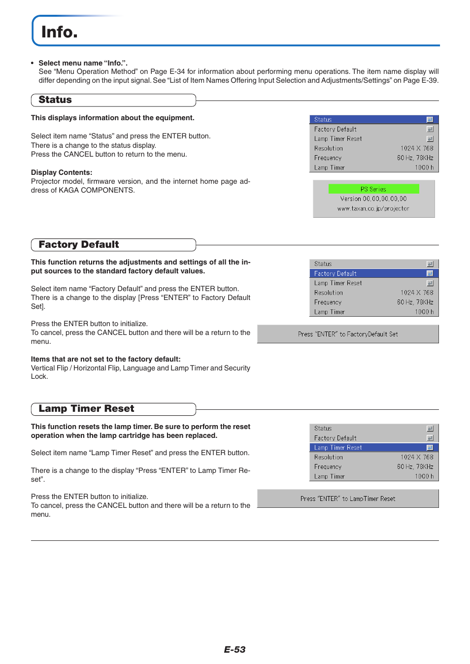 Info, Status, Factory default | Lamp timer reset | PLUS Vision KG-PS125X User Manual | Page 54 / 67