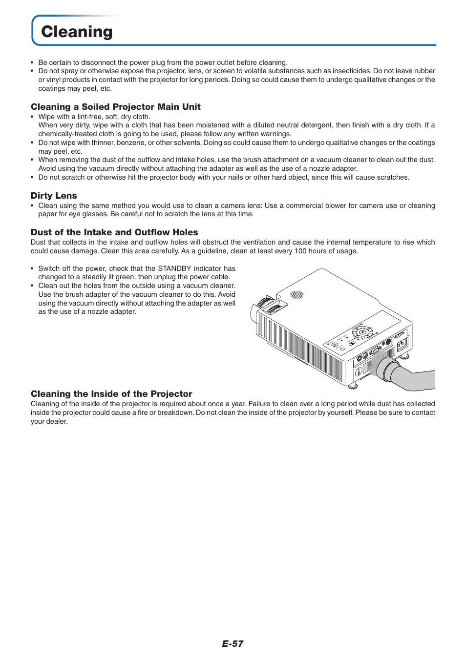 Cleaning, E-57, Cleaning a soiled projector main unit | Dirty lens, Dust of the intake and outflow holes, Cleaning the inside of the projector | PLUS Vision KG-PS125X User Manual | Page 58 / 67