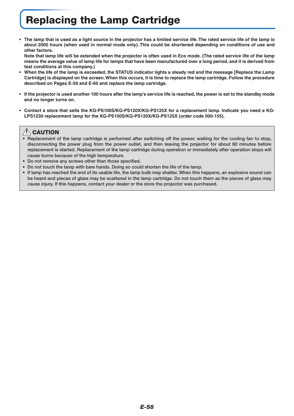 Replacing the lamp cartridge | PLUS Vision KG-PS125X User Manual | Page 59 / 67