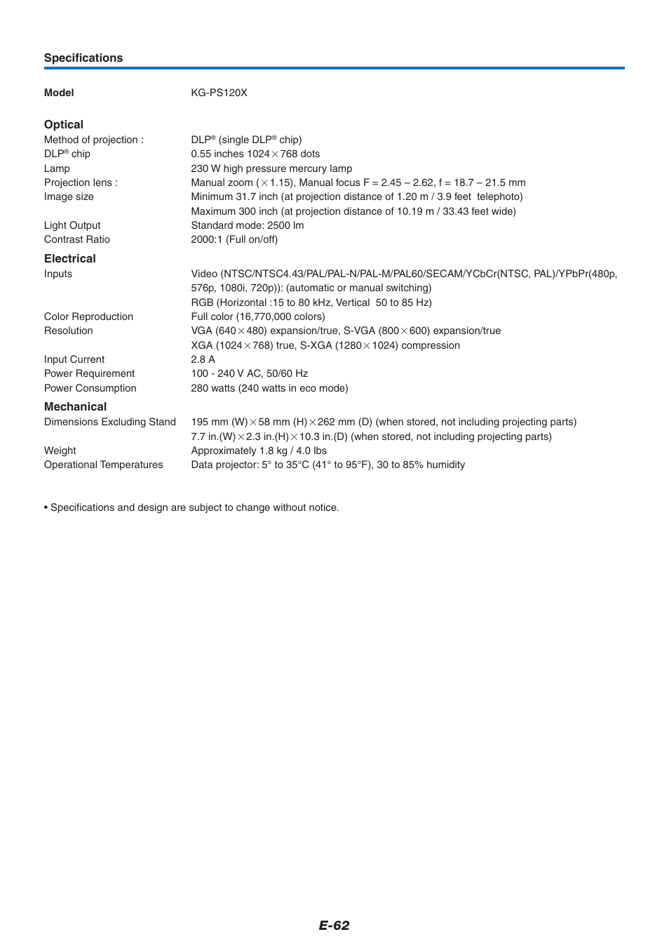 E-62 | PLUS Vision KG-PS125X User Manual | Page 63 / 67