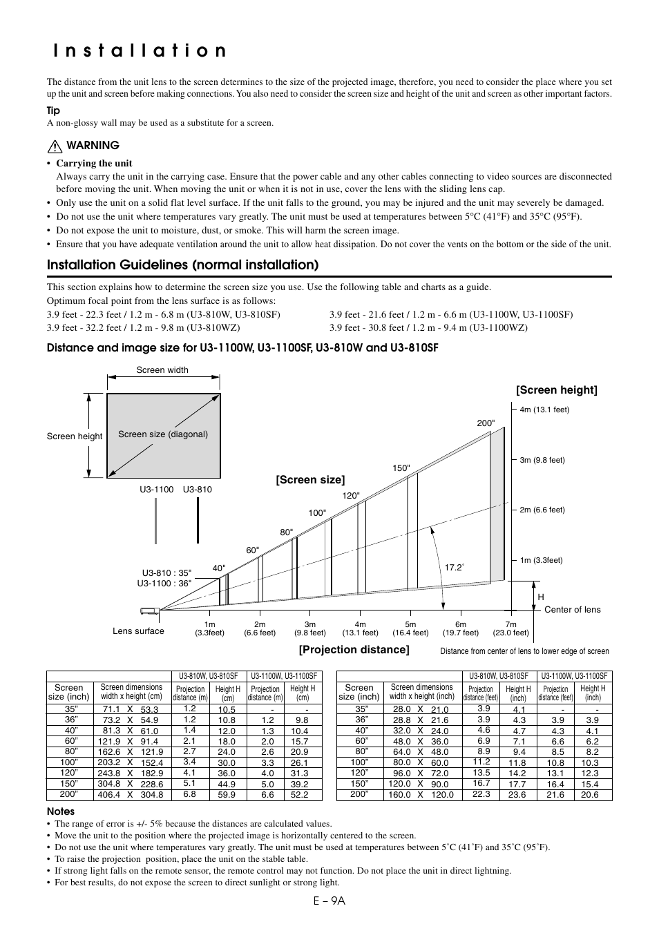 Installation, Installation guidelines (normal installation), Warning | Screen size] [screen height, Projection distance, E – 9a | PLUS Vision U3-810SF User Manual | Page 10 / 39