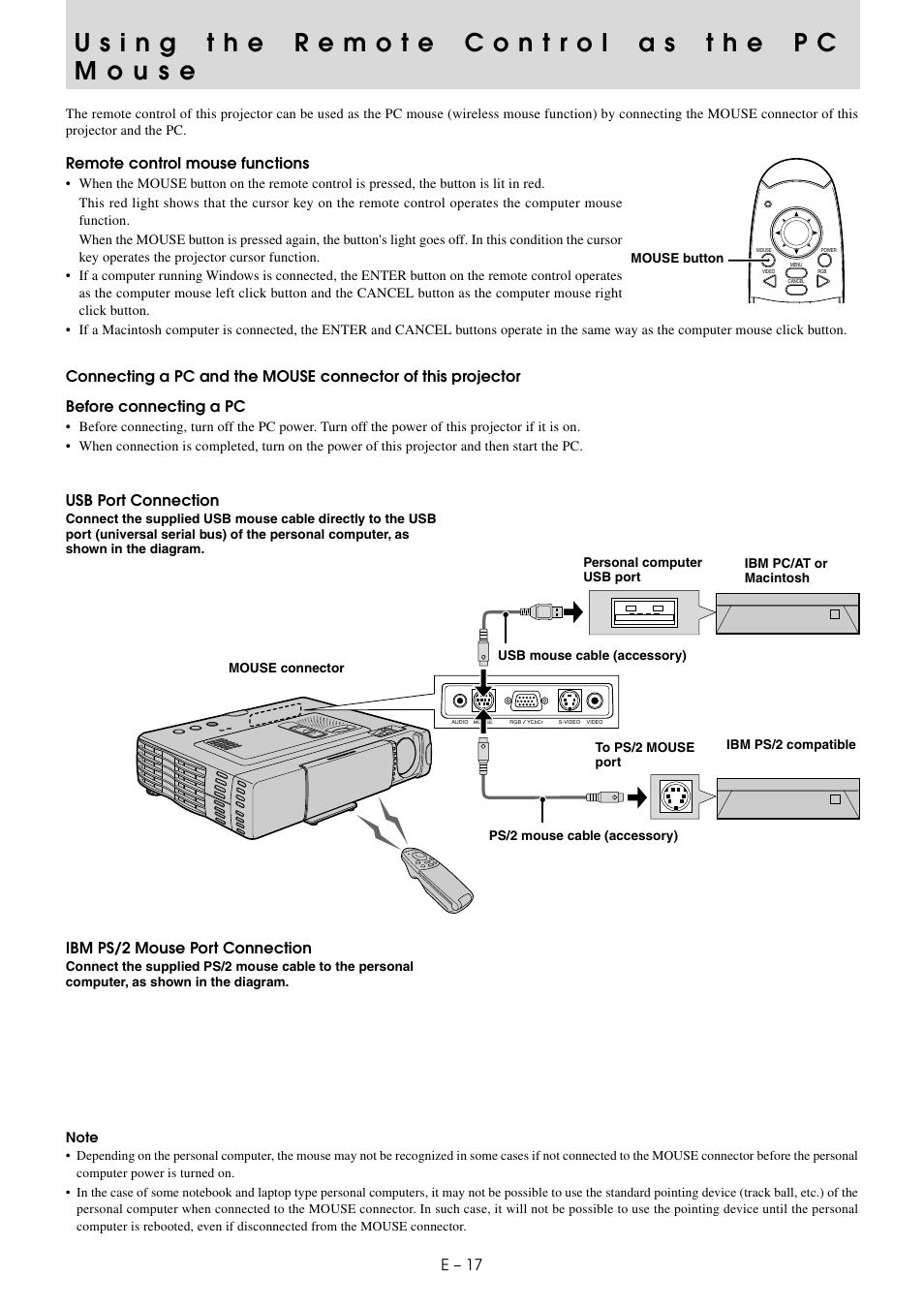 Using the remote control as the pc mouse, E – 17, Remote control mouse functions | Usb port connection, Ibm ps/2 mouse port connection | PLUS Vision U3-810SF User Manual | Page 19 / 39