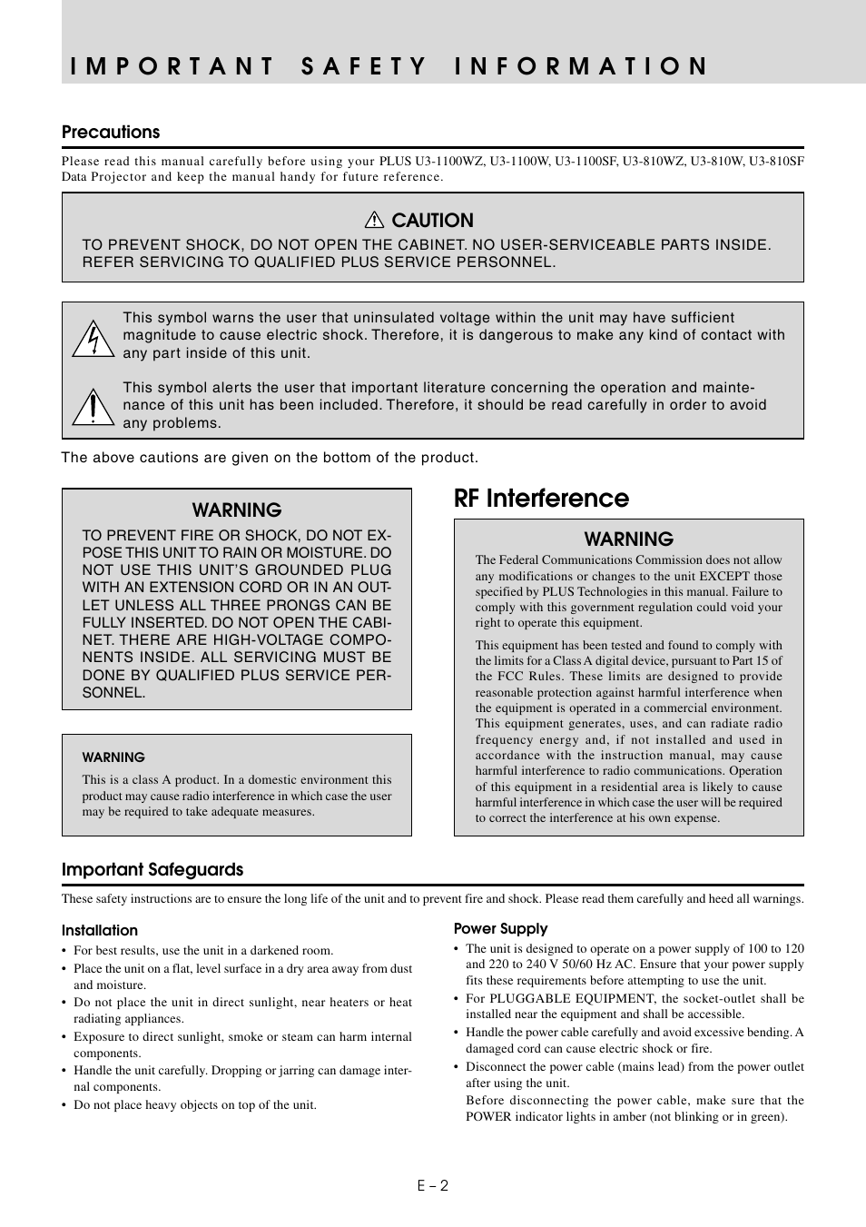 Important safety information, Rf interference, Caution | Warning | PLUS Vision U3-810SF User Manual | Page 2 / 39