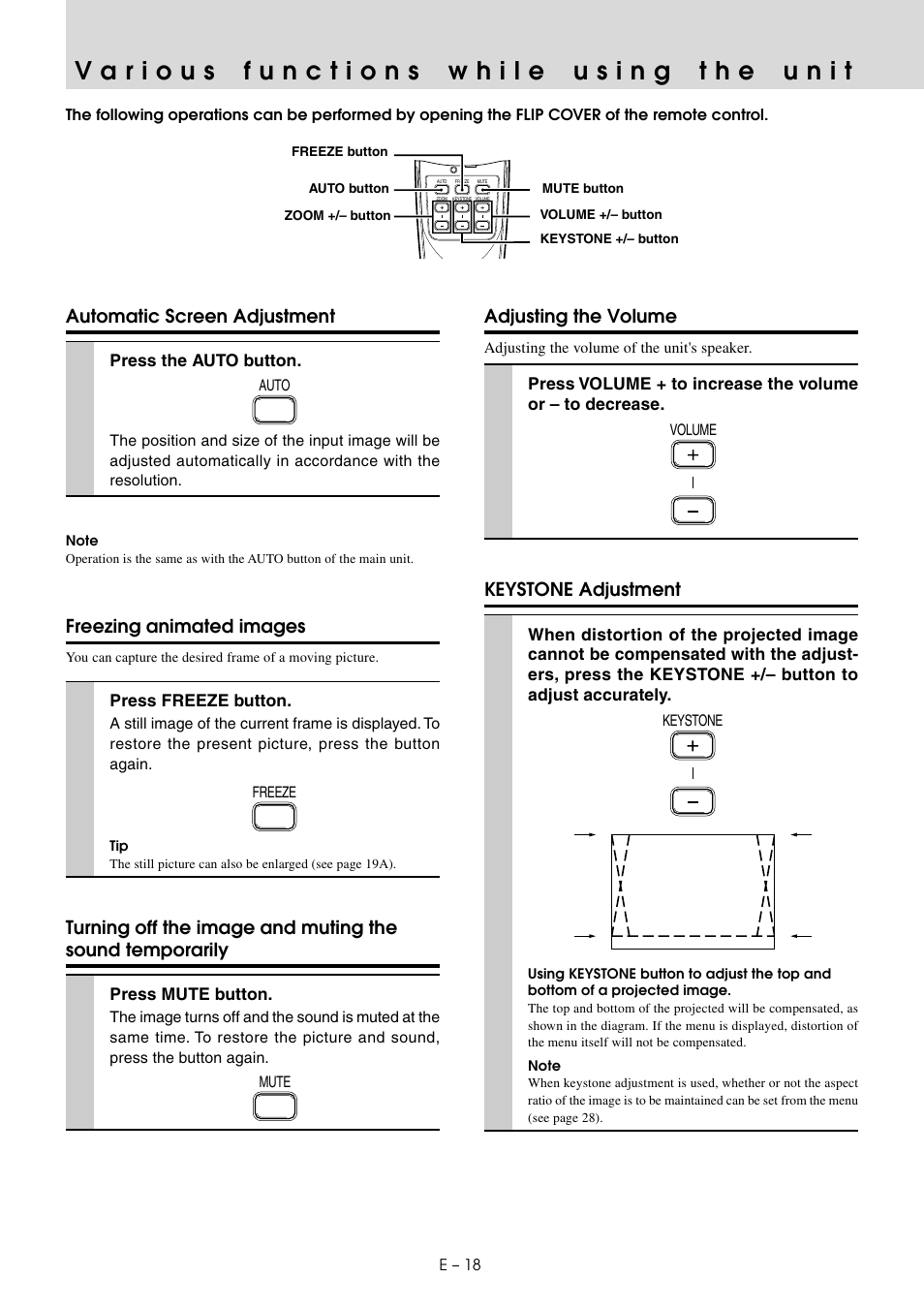 Various functions while using the unit, Automatic screen adjustment, Freezing animated images | Adjusting the volume, Keystone adjustment | PLUS Vision U3-810SF User Manual | Page 20 / 39