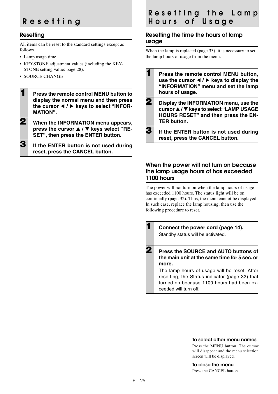 Resetting, Resetting the lamp hours of usage | PLUS Vision U3-810SF User Manual | Page 28 / 39