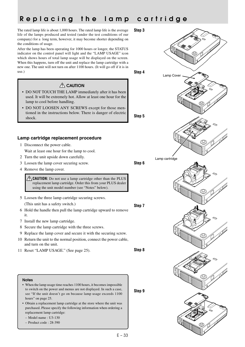 Replacing the lamp cartridge | PLUS Vision U3-810SF User Manual | Page 36 / 39