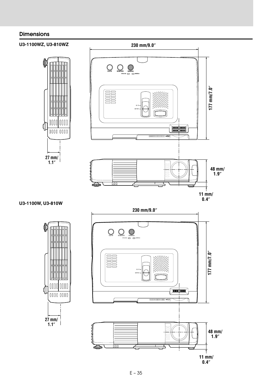 Dimensions, E – 35 | PLUS Vision U3-810SF User Manual | Page 38 / 39