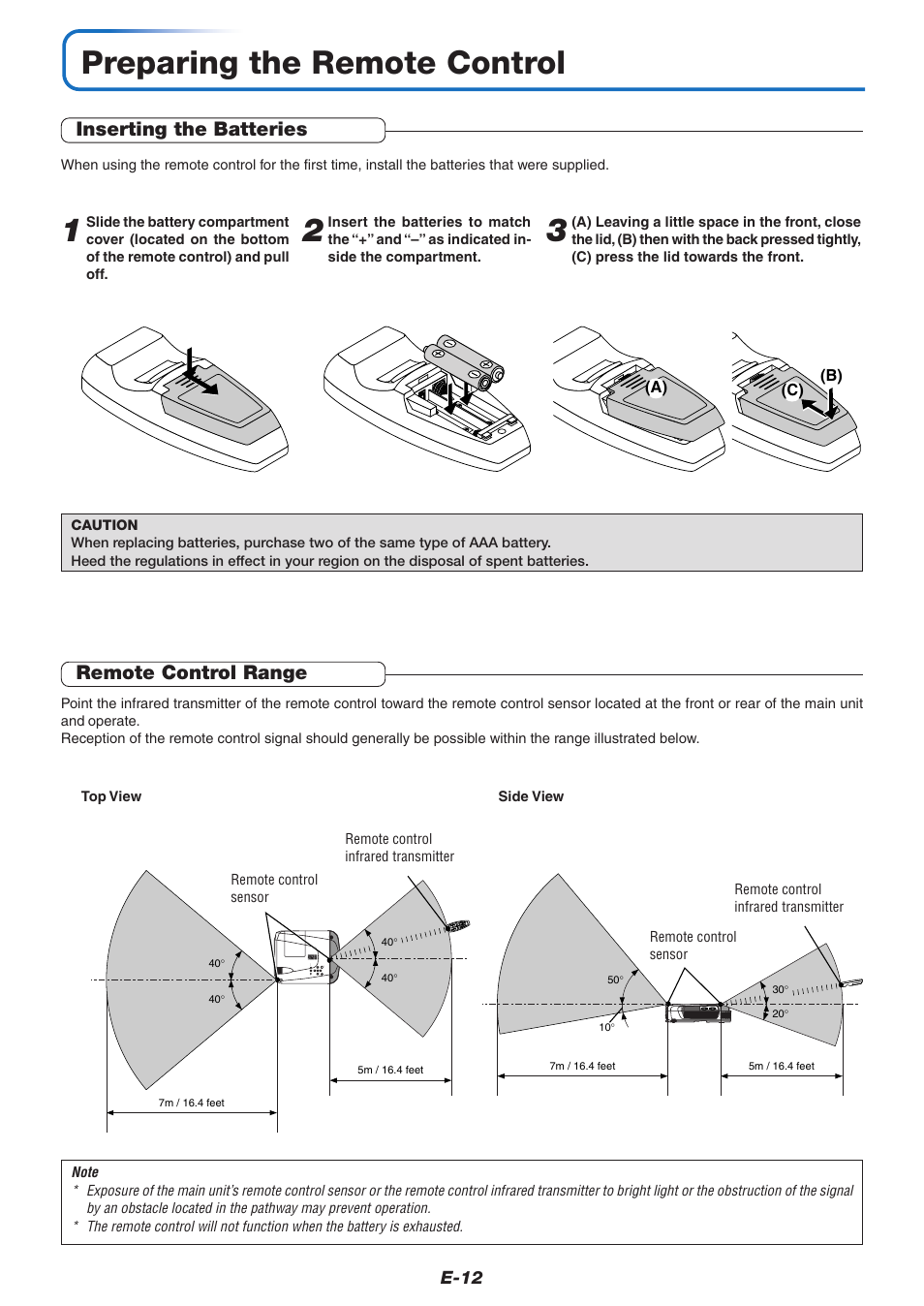 Preparing the remote control, Inserting the batteries, Remote control range | PLUS Vision U7-137SF User Manual | Page 12 / 67