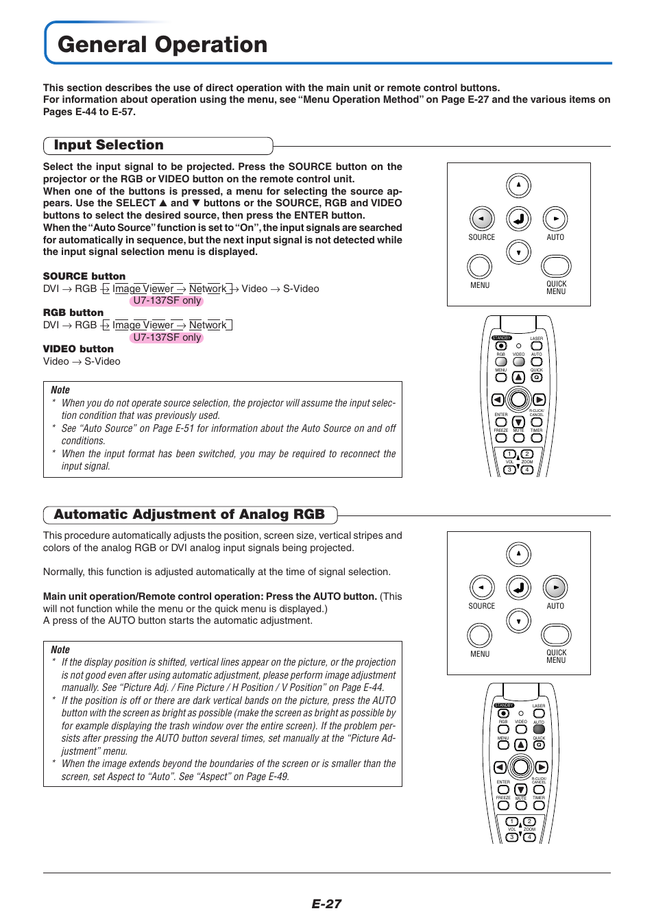 General operation, Input selection, Automatic adjustment of analog rgb | E-27 | PLUS Vision U7-137SF User Manual | Page 27 / 67