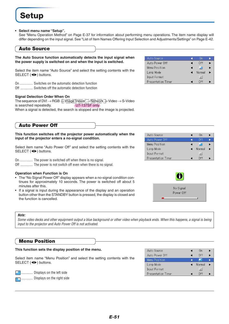 Setup, Auto source, Auto power off | Menu position | PLUS Vision U7-137SF User Manual | Page 51 / 67