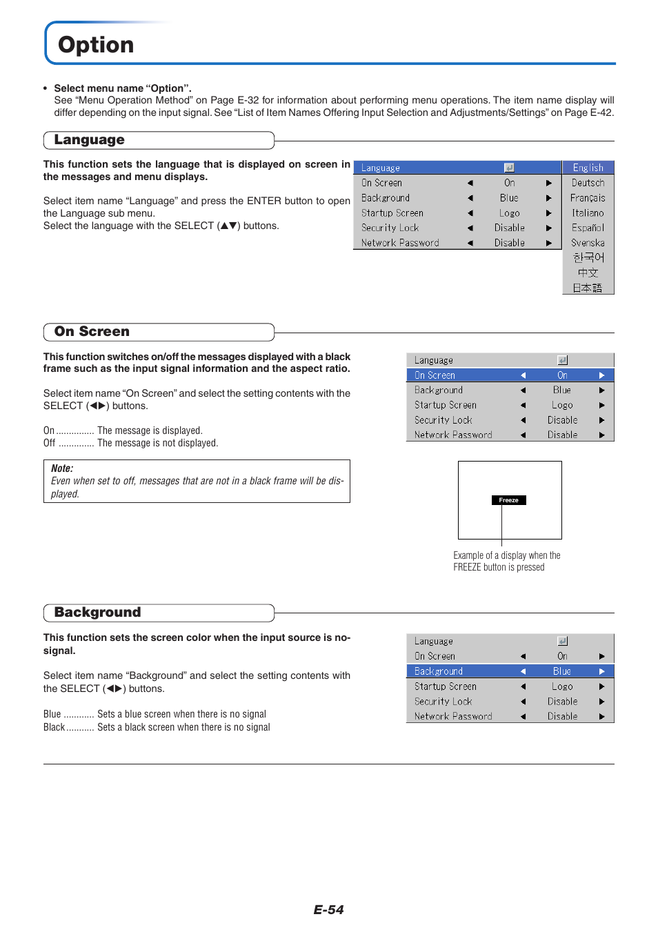 Option, Language, On screen | Background | PLUS Vision U7-137SF User Manual | Page 54 / 67