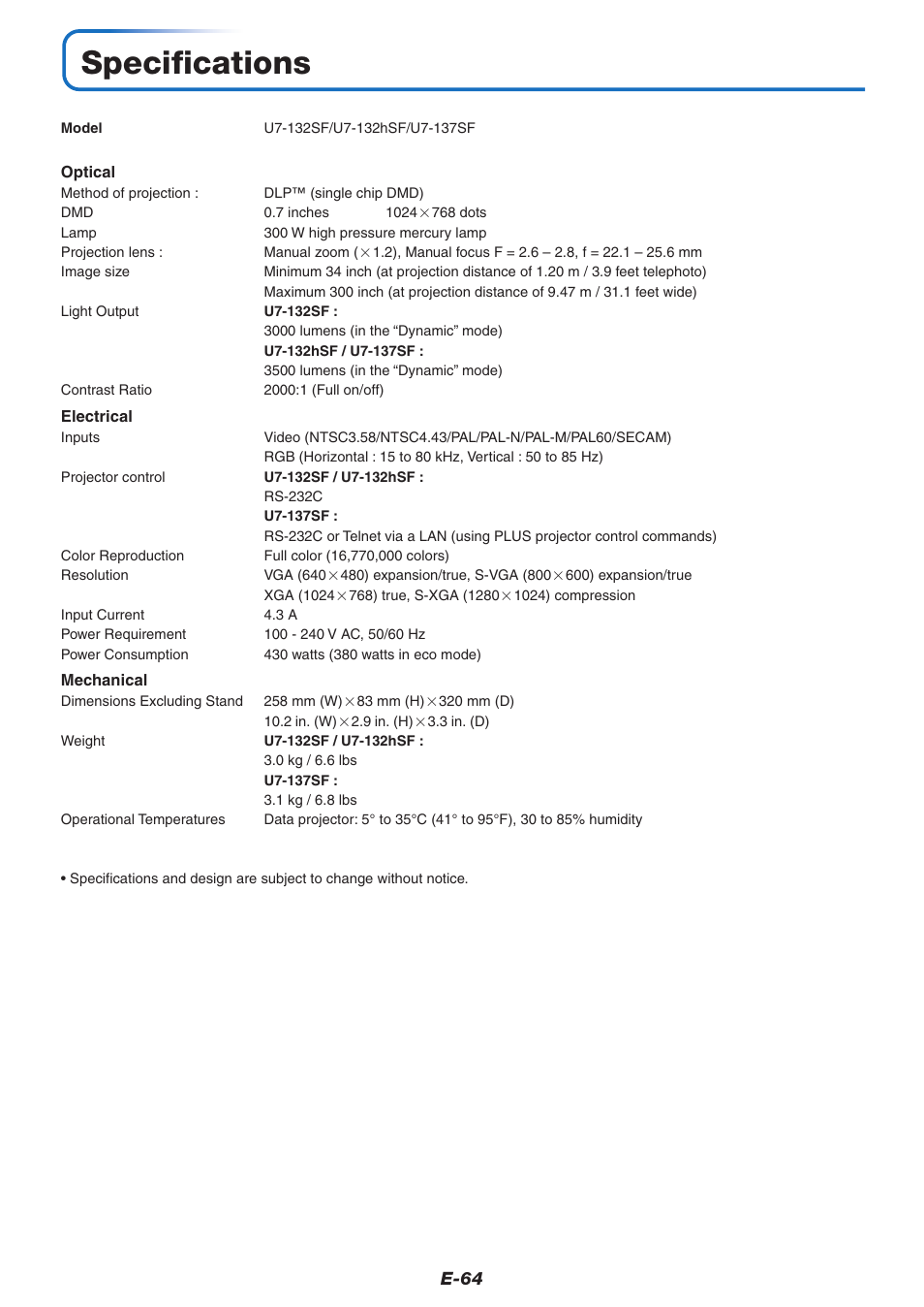 Specifications | PLUS Vision U7-137SF User Manual | Page 64 / 67