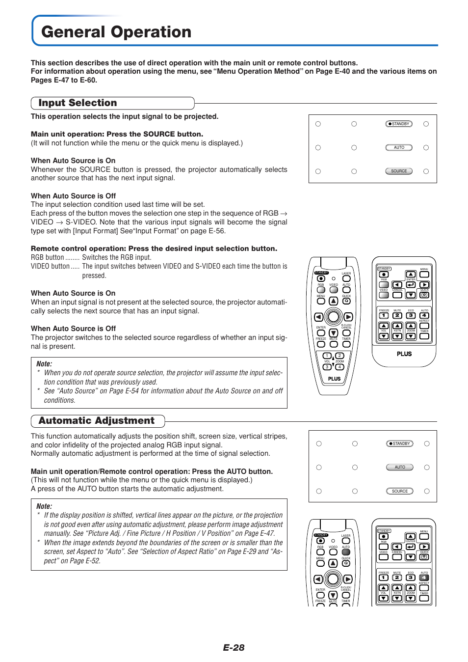 General operation, Input selection, Automatic adjustment | E-28 | PLUS Vision U5-111 User Manual | Page 29 / 72
